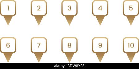Numbered Gold Location Pin Icon Set. Sequential Numbering And Navigation Golden Marker Symbol Collection. Geolocation, Mapping, And Wayfinding Design Stock Vector