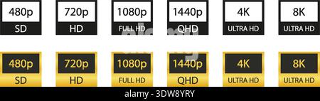 Video Resolution Icons Set. Hd, Full Hd, 2K, 4K, 8K Quality Black and Gold Symbol Collection. Multimedia And Technology Use. Video and TV Size Stock Vector