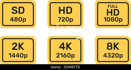 Video Resolution Yellow Icons Set. Digital Display Quality Symbol Collection. Video and TV Size Resolution Icons. Multimedia And Technology Use Stock Vector