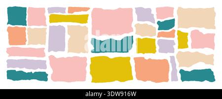 Jagged shapes, ripped paper set. Torn rectangle frames with jagged edges, and textured grunge elements. Silhouettes and vector illustration is isolated in the background. Pastel beige and green colors Stock Vector