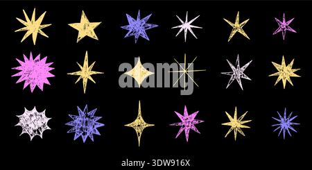 Colorful crayon stars set. Hand-drawn textured celestial shapes on black background. Cute pastel doodle elements for kids art, Christmas, night sky, cosmic design. Vector illustration. Stock Vector