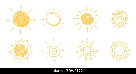 Sun doodle icons. Cartoon summer hand drawn abstract sketch. Cute grunge yellow symbol of sunset. Pencil vector spiral illustration on white background. Chalk and crayon drawing. Stock Vector