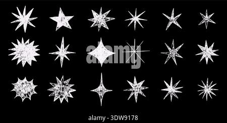 Hand-drawn crayon stars set. Rough textured celestial shapes on black background. Grunge sketch style decorative elements for design, Christmas, kids art, night sky, cosmic vector illustration. Stock Vector