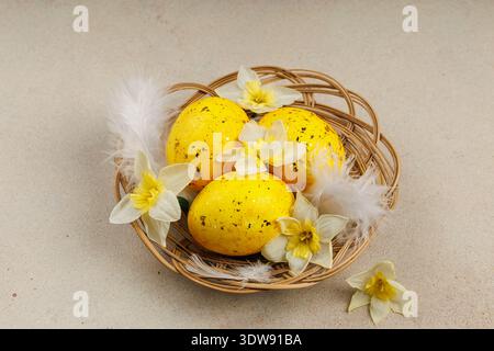 Top view of Easter nest with yellow eggs, feathers and daffodils Stock Photo