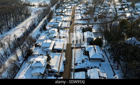 Aerial view of snow covered neighborhood in New Jersey Stock Photo