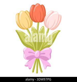 Spring tulip bouquet with leaves and pink bow. Cartoon vector isolated illustration on white background Stock Vector