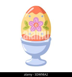 Easter egg with floral decoration in egg cup. Cartoon vector isolated illustration on white background Stock Vector
