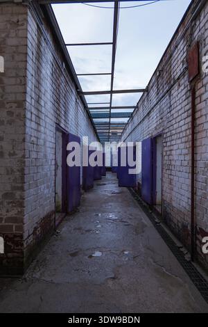 Weathered white brick walls line a long corridor with heavy purple cell doors at Lukiskes Prison in Vilnius, Lithuania. Cool light reveals decay and s Stock Photo