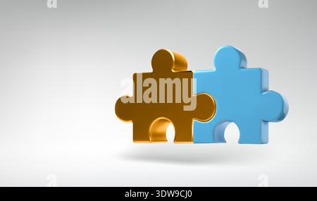 Golden and blue 3D puzzle fusion icon. Isometric perspective, yellow metal plastic jigsaw. Two pieces show partner administration. Solve task concept Stock Vector