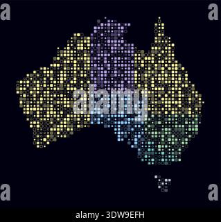 Australia, shape of the country built of colored cells. Digital style map of Australia on a dark background. Small size rounded square blocks. Stock Vector