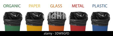 Garbage cans in different colors for waste separation isolated on white. Each for different types of trash (paper, plastic, glass, organic and metal) Stock Photo