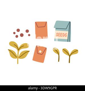 Flat vector seed packets, seeds and green sprouts collection. Minimal gardening elements isolated on light background, ideal for farming, planting and Stock Vector
