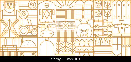 Agriculture farm geometric pattern with barn, silos, fields and truck, farm animals and scarecrow. Vector line grid background farmer, cow, pig, tractor, crops, windmill, trees, trucks, eggs and tools Stock Vector
