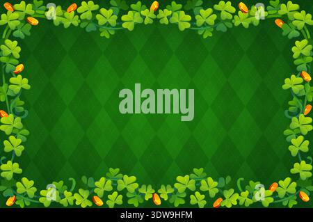 Happy St Patrick day shamrock clover frame with golden coins on green diamond background. Cartoon vector vibrant festive decoration border for Irish holiday celebration with lush trefoil leaf foliage Stock Vector