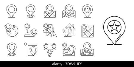 Location pam point icons, travel trip pictogram. Linear vector icons featuring location pins, globe, smartphone, paper airplane, house, map, and heart. Travel pictograms for mapping apps, trip planner Stock Vector