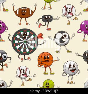 Groovy sport ball characters pattern. Cartoon vector seamless tile background with retro football, y2k soccer, hippie basketball and baseball. Funky billiard, hockey puck and dartboard sports mascots Stock Vector