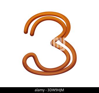 Cartoon number three as a curved rope, agriculture typeface, farm font, type funny alphabet numeral sign with rustic texture. Vector digit 3 as a cord, rural abc symbol for kids learning and education Stock Vector