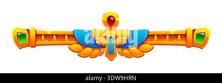Ancient Egypt ornament, Egyptian divider border. Cartoon vector golden Egyptian separator ornament or amulet with wings and Coptic cross, highlighted with turquoise blue segments and green gemstones Stock Vector