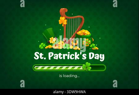 Happy St Patrick's day countdown loading bar with Irish harp, green leprechaun hat, pot of gold coins, shamrock clover and festive progress indicator. Cartoon vector holiday interface for celebration Stock Vector
