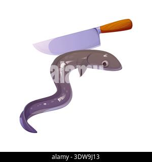 Cartoon eel with kitchen knife in cooking process. Marine animal with smooth body and subtle spots next to wide blade and wood handle. Vector food preparation scene with seafood and kitchen utensil Stock Vector