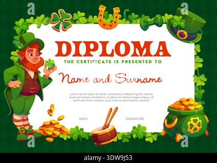 Kids diploma of happy St Patrick day. Vector certificate with leprechaun, clover leaves, coins, hat, drum, shamrock and pot of gold. Funny green award document template, Irish holiday honor border Stock Vector