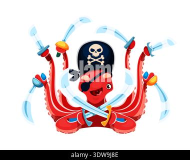 Cute octopus animal pirate vector character with red body, black tricorn hat and eye patch. Cartoon octopus corsair holds multiple sharp sabers in its long tentacles Stock Vector