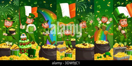 Funny leprechaun characters celebrating a St Patrick day, holiday collage. Cartoon vector Irish dwarfs in green suits with red beards dancing, holding flags, beer, gold coins, shamrocks, pot of gold Stock Vector