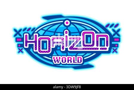 World horizon globe Y2K retro icon or symbol. Earth sphere mesh vintage vector symbol, worldwide network planet Earth emblem. Geography globe wireframe sign with abstract neon colors typography Stock Vector