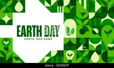 Earth day banner with green geometric pattern and bold typography surrounded by eco friendly abstract motifs, plants and leaves shapes. Vector promotional environmental ecology and sustainability card Stock Vector