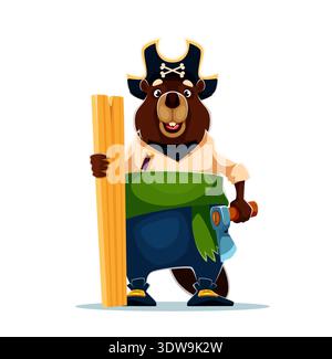 Cartoon beaver carpenter vector pirate character stands upright holding long wooden planks in one hand and axe in other. Cute beaver personage in blue trousers. Corsair beaver mascot for pirate party Stock Vector