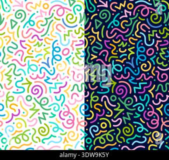 Kids bright squiggle line seamless pattern of abstract doodle scribbles, vector backgrounds. Squiggle line pattern with colorful wavy lines and neon confetti twirls on white and black background Stock Vector