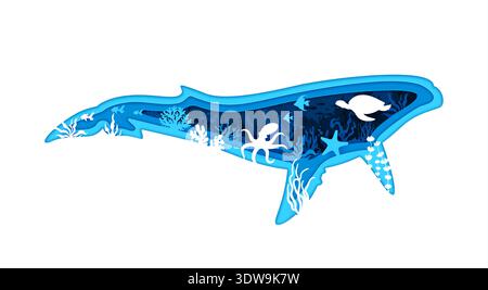 Blue whale silhouette filled with underwater landscape. Vector fish, coral and seaweed, octopus, sea turtle, starfish and fish shoal on layered paper cut banner. Marine and ecology theme Stock Vector