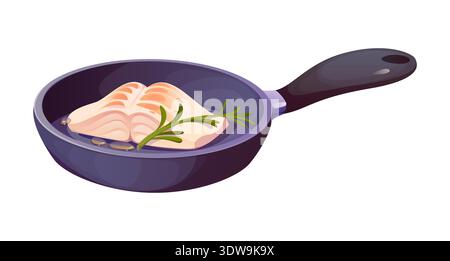 Fresh fish fillet frying in a pan with oil and rosemary leaf shows a cooking process with ingredients and heat. Cartoon vector natural and healthy seafood preparation kitchen and culinary scene Stock Vector