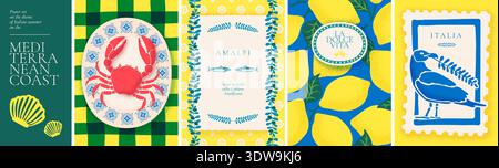 Amalfi summer pattern prints with lemons, Italian retro tiles and coastal motifs. Fresh citrus, seafood and sunny Mediterranean charm. Italian translation Sweet life, Summer in Italy on Amalfi Coast Stock Vector