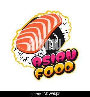 Asian food salmon sushi vintage Y2K sticker or label. Japan seafood meal retro Y2K tag, Asian menu delicacy vintage vector patch. Sushi dish sticker with sushi roll, salmon meat and funky typography Stock Vector