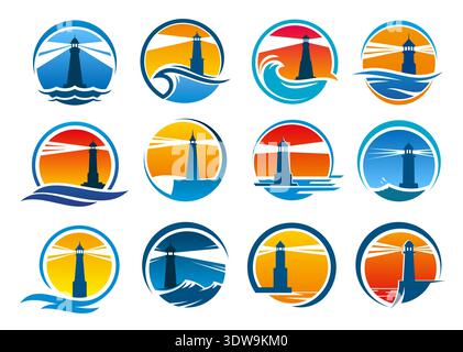 Lighthouse and bacon icons of vector light house towers, sea beach and waves silhouettes. Abstract seaside lighthouse and nautical beacon tower buildings silhouettes at sunset and night round icons Stock Vector