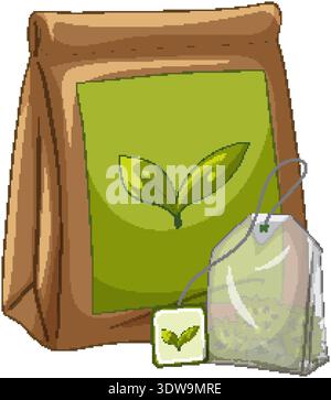 A brown paper bag and transparent tea sachet with green leaf labels on white background Stock Vector