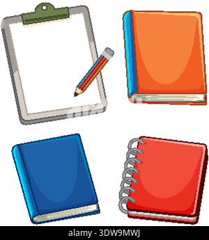 Vector illustration of colorful notebooks, a spiral notepad, and a clipboard with a pencil Stock Vector