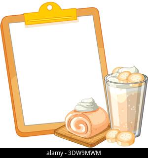 Flat vector illustration of a blank clipboard next to banana cake and a smoothie Stock Vector