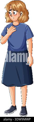 Cartoon young woman standing anxiously, hand on chest, isolated white background, flat vector style Stock Vector