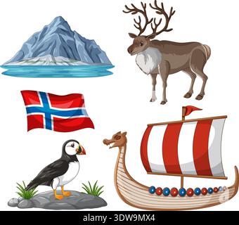 Flat vector set of Norwegian icons including reindeer, puffin, viking ship, flag, and mountains Stock Vector