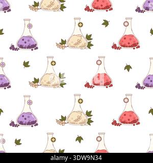 Seamless Pattern with Currant Berries Lab Flasks on White Background. Organic Science and Pharmacy Backdrop. Modern scientific eco-cosmetics, and heal Stock Vector
