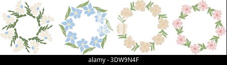 Matisse Botanical Wreaths Set. Floral Round Frames with Organic Flowers art. Isolated Minimalist Vector illustration with Empty Copy Space on white ba Stock Vector