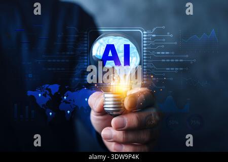 Hand holding glowing light bulb with AI brain and digital dashboard overlay. Concept of artificial intelligence, machine learning, data analytics, glo Stock Photo