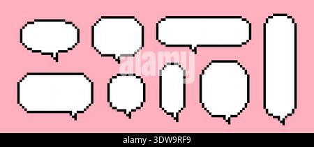 Empty pixel text boxes. Eight pixelated chat frame collection. Retro 8 bit border shape pack for speach box bubble, message cloud, communication dialog, talk balloon. Vector illustration bundle Stock Vector