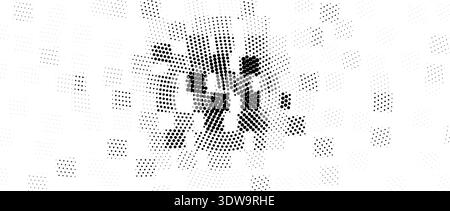Abstract pixelated halftone square texture. Black pixel cube explosion background. Abstract scattered dotted pattern overlay bg. Fading geometric fragment wallpaper. Vector radial backdrop Stock Vector