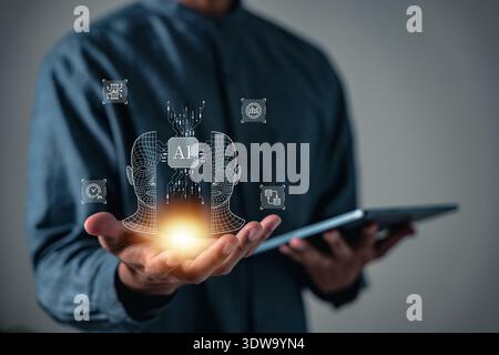 AI, digital learn, intelligence, document, management, palm, and code are visible with Robotic Process Automation RPA, that enhances the cutting-edge Stock Photo