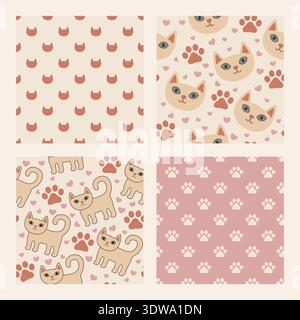 Retro warm seamless pattern set with cute cats, paw prints and hearts. Cozy 70s inspired color palette with dusty pastel tones. Repeat collection for Stock Vector