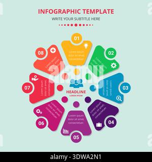 Business plan infographics template with eight options, can be used for business designs, presentation designs or any suitable designs. Stock Vector
