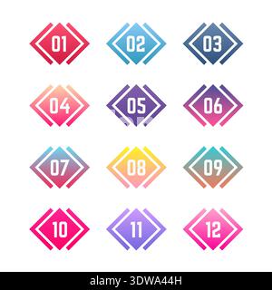 Colorful Geometric Bullet Points From One to Twelve, can be used for business designs, presentation designs or any suitable designs. Stock Vector